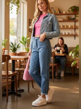 American Eagle Striped Blue Mom Jeans High Rise‎ Tapered Sz 0 Vintage Inspired